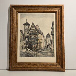 Framed Rothenburg ob der Tauber Etching Print – Hand-Colored Etching signed